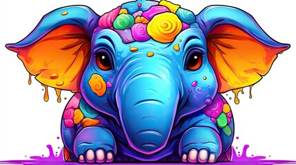  an elephant with a flower on its head and a purple background.  generative ai