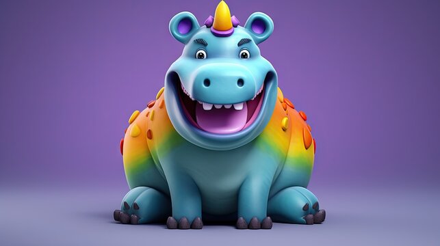  a cartoon dinosaur with a rainbow colored mane and a purple background.  generative ai