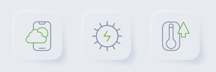 Set line Thermometer, Solar energy panel and Weather forecast app icon. Vector