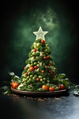 Sapin Culinaire de Noël : Carte de Voeux à Base de Légumes et Aliments Sains - obrazy, fototapety, plakaty