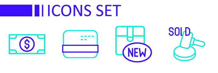 Set line Auction hammer, New collection, Credit card and Stacks paper money cash icon. Vector