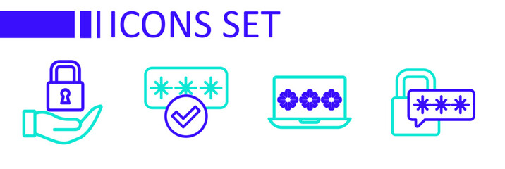 Set line Cyber security, Laptop with password, Password protection and Lock icon. Vector