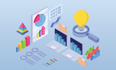 stock market analysis.on blue background.3D design.isometric vector design Illustration.