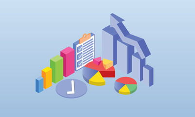Fototapeta na wymiar Data visualization Analysis tables, charts and graphs at business dashboard, digital data analysis concept.on blue background.3D design.isometric vector design Illustration.