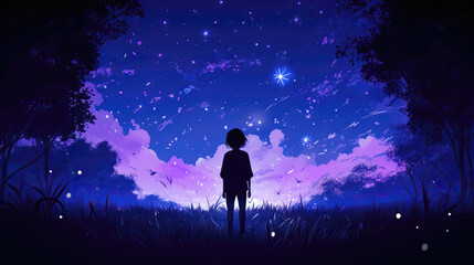 Night landscape with silhouette of girl and starry sky. Vector illustration