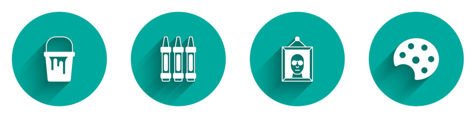 Set Paint bucket, Wax crayons for drawing, Picture and Palette icon with long shadow. Vector