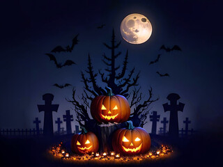 Halloween night scene background with crass grave and full moon with halloween pumpkin within flames in the graveyard and bats in the night | AI Generated - obrazy, fototapety, plakaty