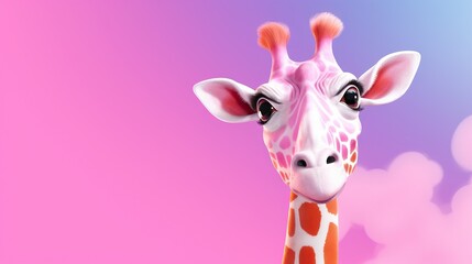  a close up of a giraffe's face with a pink background.  generative ai