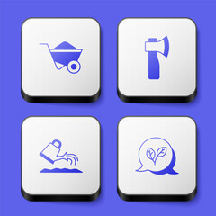 Set Wheelbarrow, Wooden axe, Watering can and Leaf icon. White square button. Vector