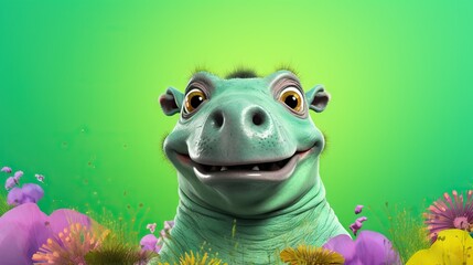 a cartoon picture of a smiling dinosaur in a field of flowers.  generative ai - obrazy, fototapety, plakaty