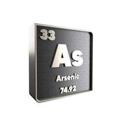 Arsenic  chemical element black and metal icon with atomic mass and atomic number. 3d render illustration.