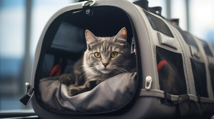 Cute domestic cat sits in a carrier bag in airport . - obrazy, fototapety, plakaty