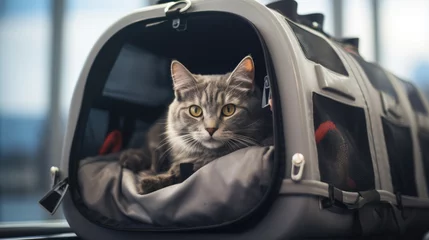 Foto op Plexiglas Cute domestic cat sits in a carrier bag in airport . © MP Studio
