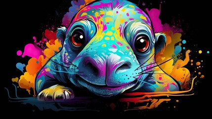  a colorful sea lion with big eyes and a black background.  generative ai