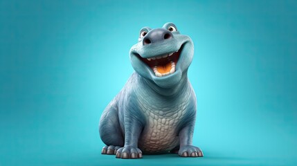  a cartoon dinosaur sitting on a blue background with its mouth open.  generative ai