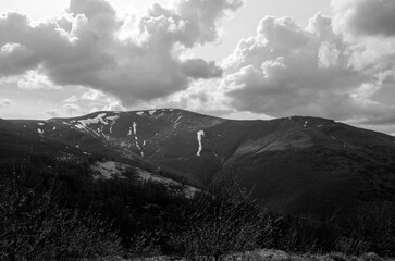 Mountains and forests, aerial view black and white background