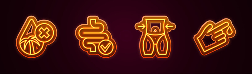 Set line Palm oil free, Intestines, Women waist and Finger blood. Glowing neon icon. Vector