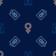 Set line Calendar with 8 March, Greeting card and Female gender symbol on seamless pattern. Vector