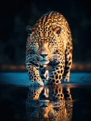 Close-up of a jaguar stalking prey in water