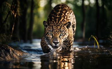 Close-up of a jaguar stalking prey in water
