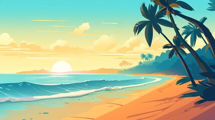  a painting of a beach with palm trees and a sunset.  generative ai