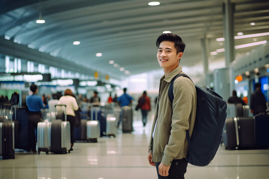 young adult Asian male traveler at airport or train station hall with black backpack. Neural network generated image. Not based on any actual person or scene.