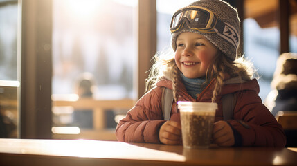 Happy kid drinks a hot drink at a skier's cafe at the top of a mountain. - obrazy, fototapety, plakaty