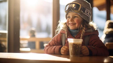 Poster Happy kid drinks a hot drink at a skier's cafe at the top of a mountain. © MP Studio