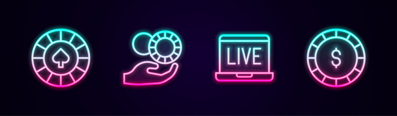 Set line Casino chips, Hand holding casino, Online poker table game and with dollar. Glowing neon icon. Vector - obrazy, fototapety, plakaty