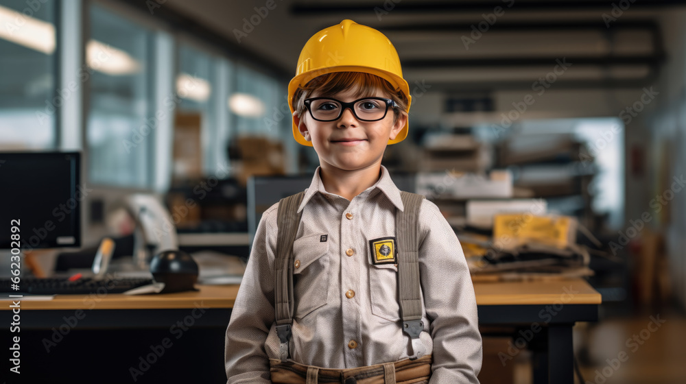 Aufkleber portrait of a little boy looking like an engineer or architect wearing a helmet with blueprints on a