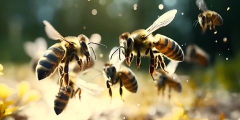 Fotobehang A swarm of bees buzzing around a hive ,Just Hearing Your Phone Buzz Hurts Your Productivity ,A honey bee close-up on a flower with bokeh background. a macro-honey bee on a rainy da generative ai   © Hadi