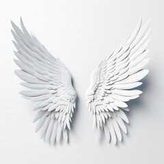 Fototapeta premium A 3D rendering of angelic white wings against a plain white backdrop. This resource can be used for elements such as objects, text, or 3D character cartoon figures. Generative AI.