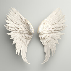 Fototapeta premium A 3D rendering of angelic white wings against a plain white backdrop. This resource can be used for elements such as objects, text, or 3D character cartoon figures. Generative AI.