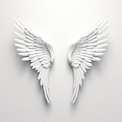 A 3D rendering of angelic white wings against a plain white backdrop. This resource can be used for elements such as objects, text, or 3D character cartoon figures. Generative AI.