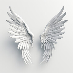 Fototapeta premium A 3D rendering of angelic white wings against a plain white backdrop. This resource can be used for elements such as objects, text, or 3D character cartoon figures. Generative AI.