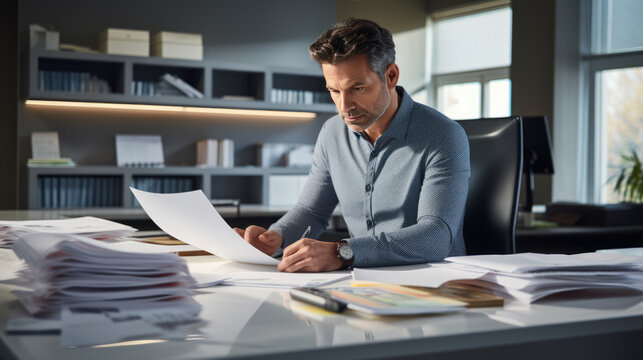 Businessman hands working in Stacks of paper files for searching information on work desk in office, business report papers.