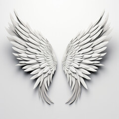 Obraz premium A 3D rendering of angelic white wings against a plain white backdrop. This resource can be used for elements such as objects, text, or 3D character cartoon figures. Generative AI.