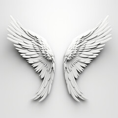 Fototapeta premium A 3D rendering of angelic white wings against a plain white backdrop. This resource can be used for elements such as objects, text, or 3D character cartoon figures. Generative AI.