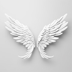 Obraz premium A 3D rendering of angelic white wings against a plain white backdrop. This resource can be used for elements such as objects, text, or 3D character cartoon figures. Generative AI.