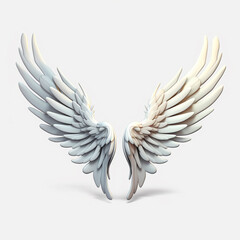 Fototapeta premium A 3D rendering of angelic white wings against a plain white backdrop. This resource can be used for elements such as objects, text, or 3D character cartoon figures. Generative AI.