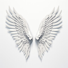 Fototapeta premium A 3D rendering of angelic white wings against a plain white backdrop. This resource can be used for elements such as objects, text, or 3D character cartoon figures. Generative AI.