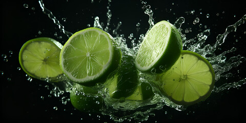 lime with water drops ,Lime and lime slices falling into a water splash ,lime with splashes and streams of water on a black or white background generative ai
