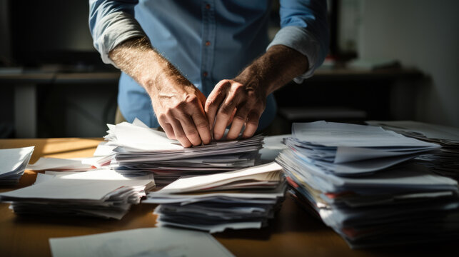 Businessman hands working in Stacks of paper files for searching information on work desk in office, business report papers.