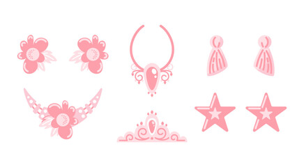 A set of pink plastic accessories for a doll. star earrings, tassels and flowers, necklaces, diadem or tiara. For stickers, posters, postcards, design elements