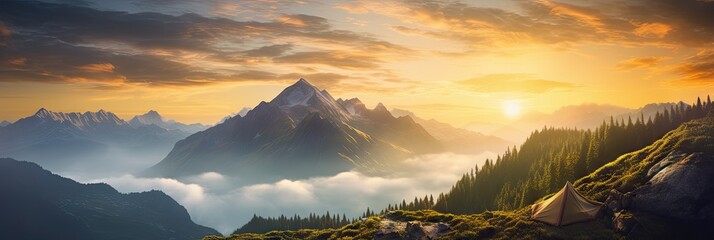 Camping tent among the mountains at the sunrise background. - obrazy, fototapety, plakaty