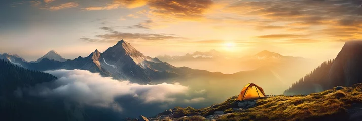 Fotobehang Camping tent among the mountains at the sunrise background. © Virtual Art Studio