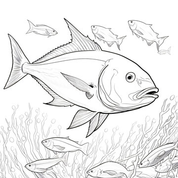 Golden fish. Line art vector illustration. Sea and ocean animals, modern minimalist outline icon. Hand drawn vector design for wallpaper, textile, print, invitations.