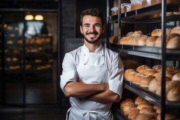 Handsome baker in uniform at the manufacturing small business owner concept - obrazy, fototapety, plakaty