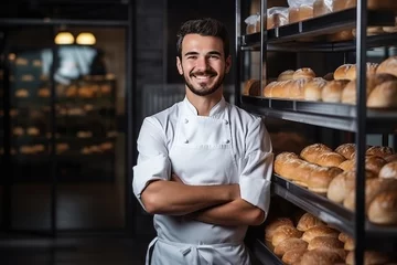 Fotobehang Handsome baker in uniform at the manufacturing small business owner concept © Zaleman