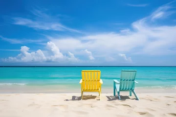 Fotobehang Two beach chairs on tropical vacation at sea © Zaleman